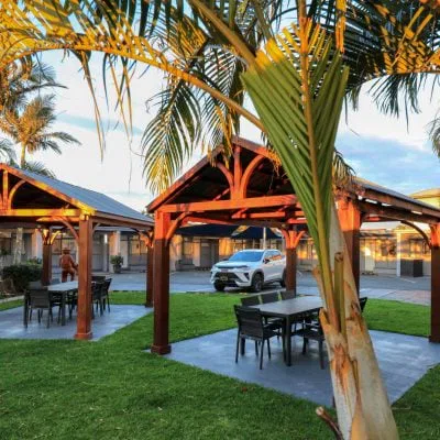 almare tourist motel outdoor gazebos at sunset
